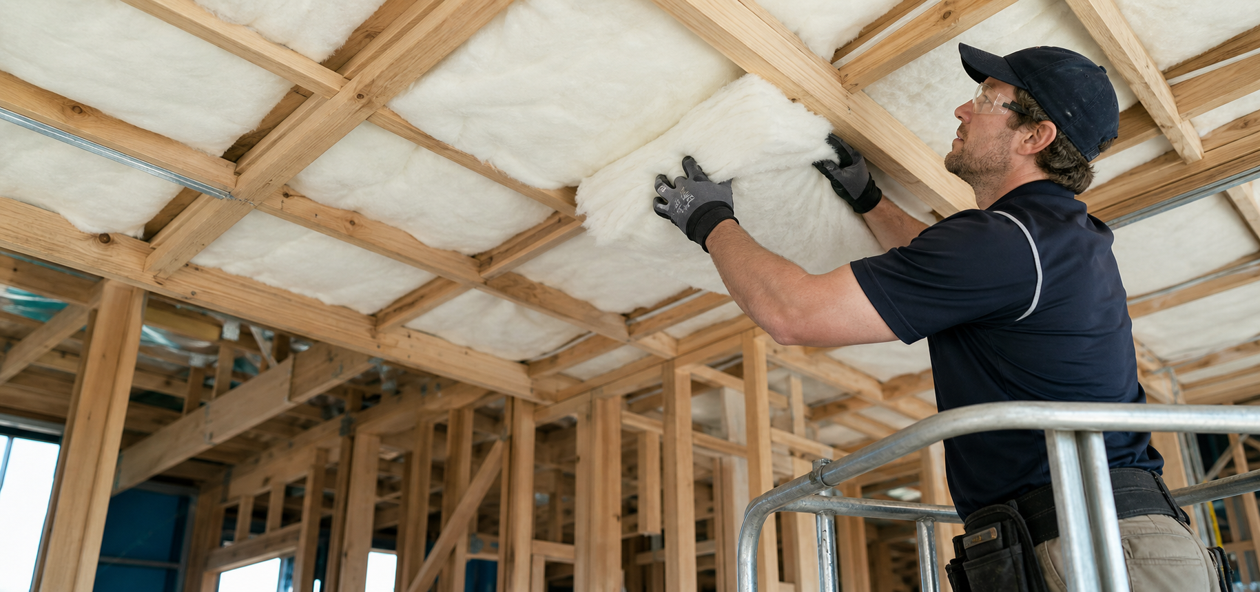 Installer fitting white polyester insulation in a timber-framed Australian home