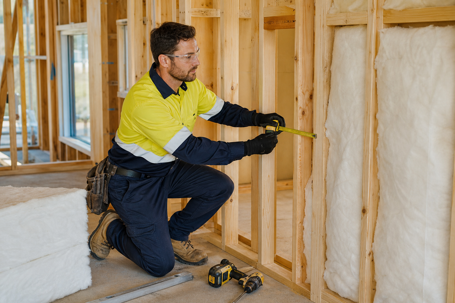 Professional installer measuring timber wall framing