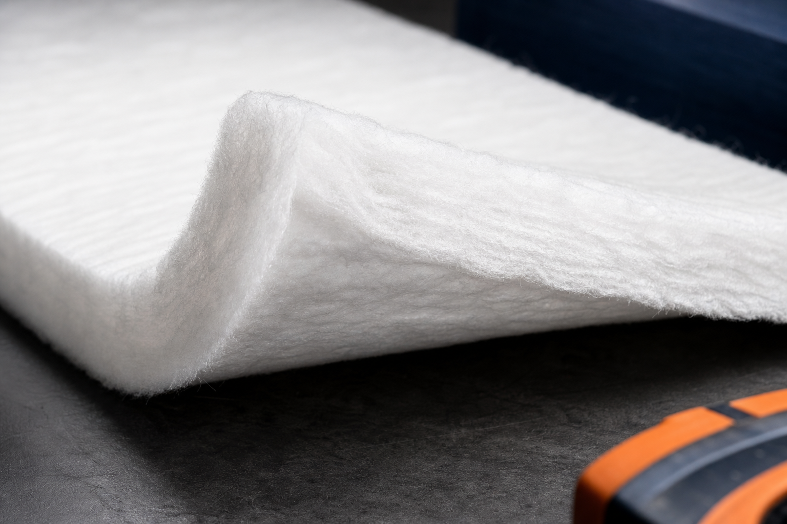 Close-up of bonded white polyester insulation fibre