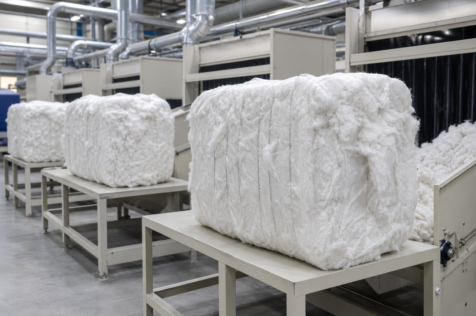 Compressed raw polyester fibre bales beside the carding line